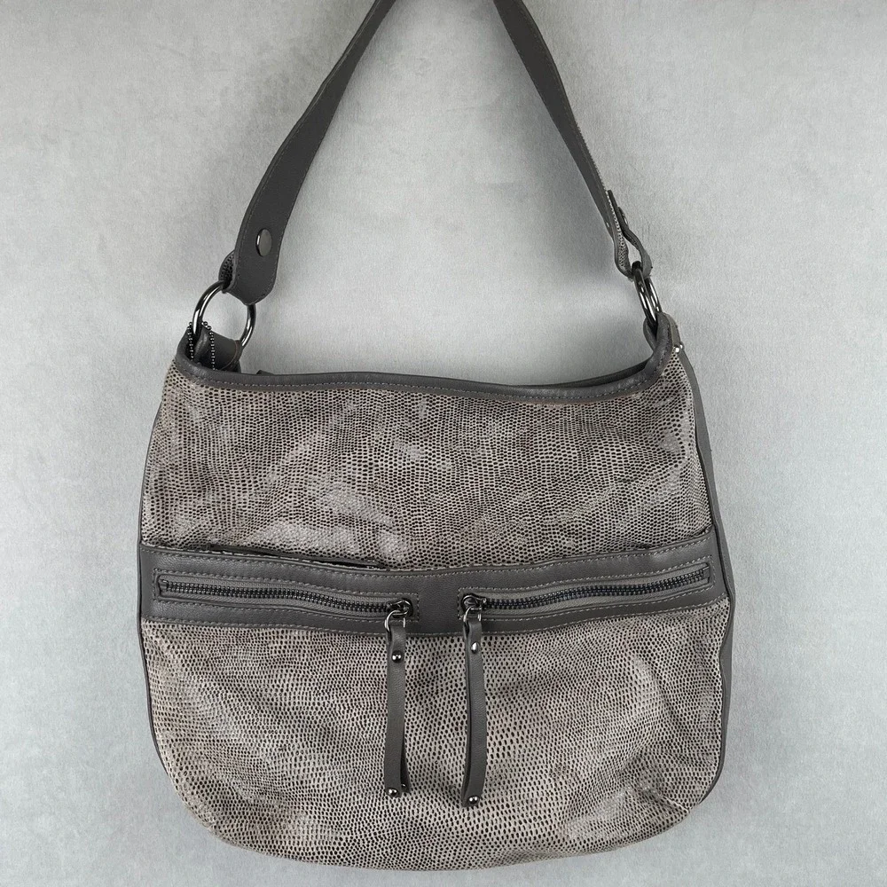 Chez Gray Reptile‎ Embossed Luxury Leather Hobo Shoulder Bag Gunmetal Hardware